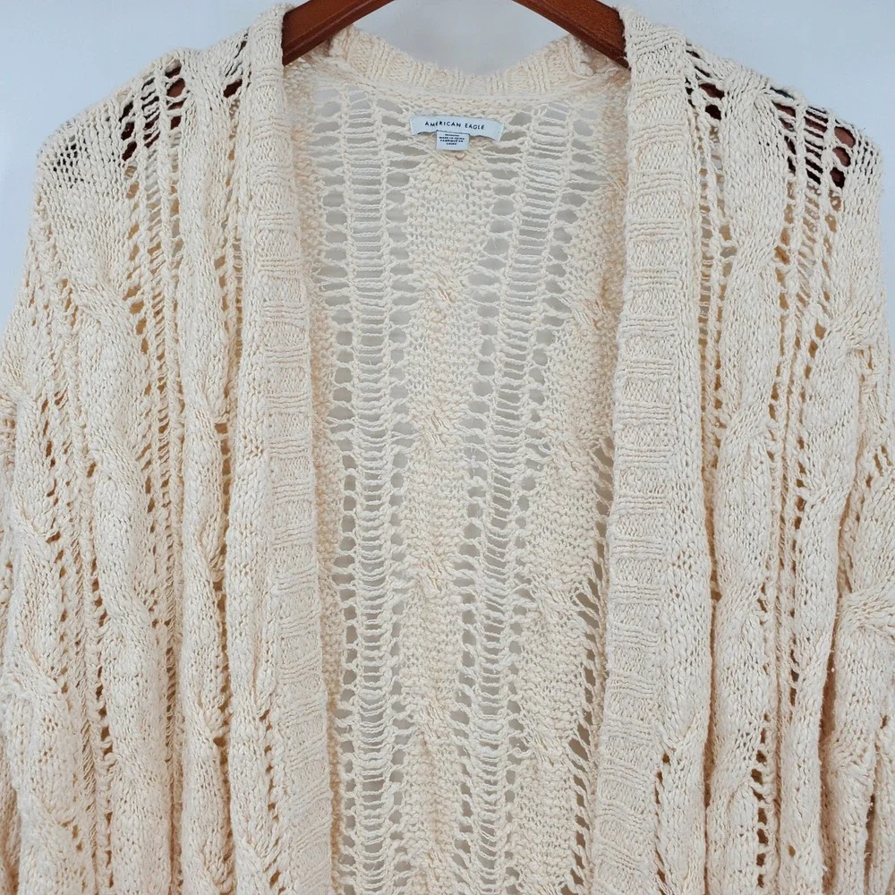 American Eagle Cream Open Knit Cable Longline Cardigan Sweater Medium Boho Chic